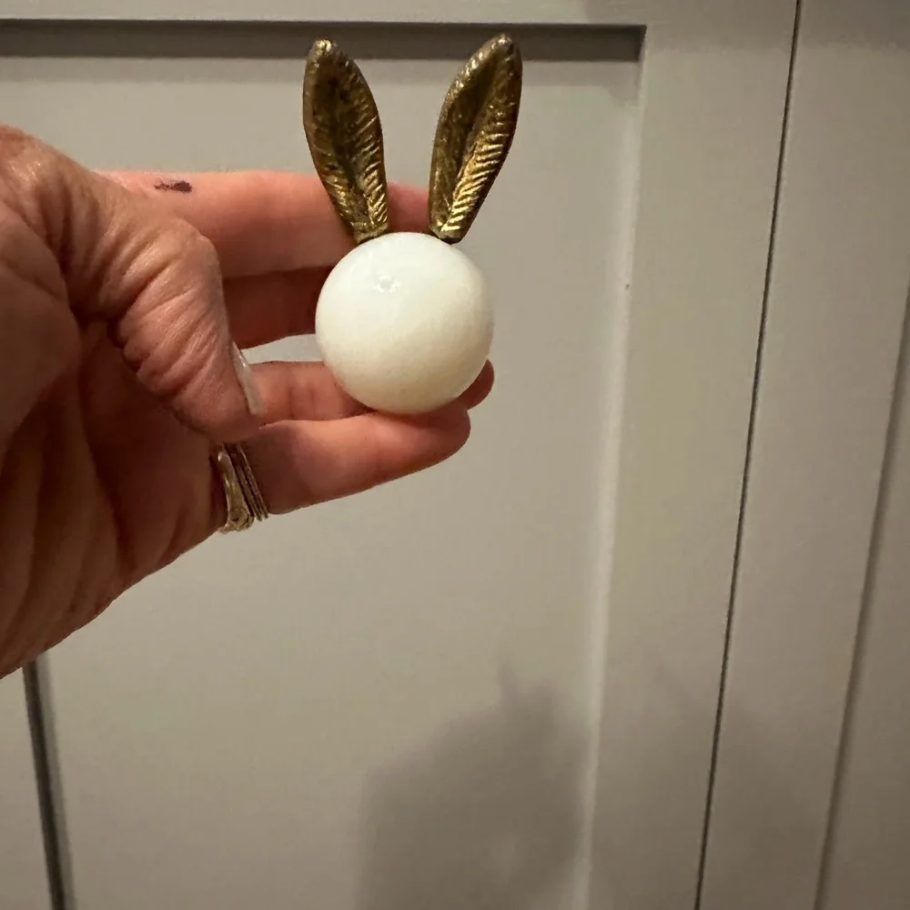 Anthropologie White Ceramic Knob with Gold Bunny Ears